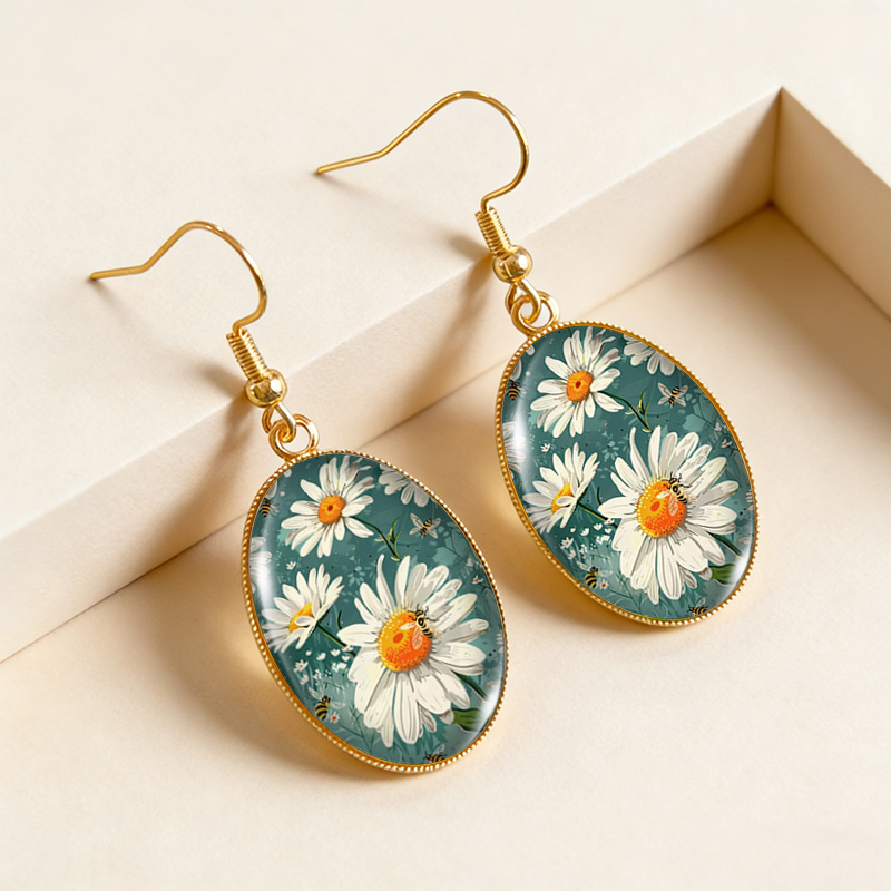 Forest Style Daisy And Bee Illustration Dangle Earrings