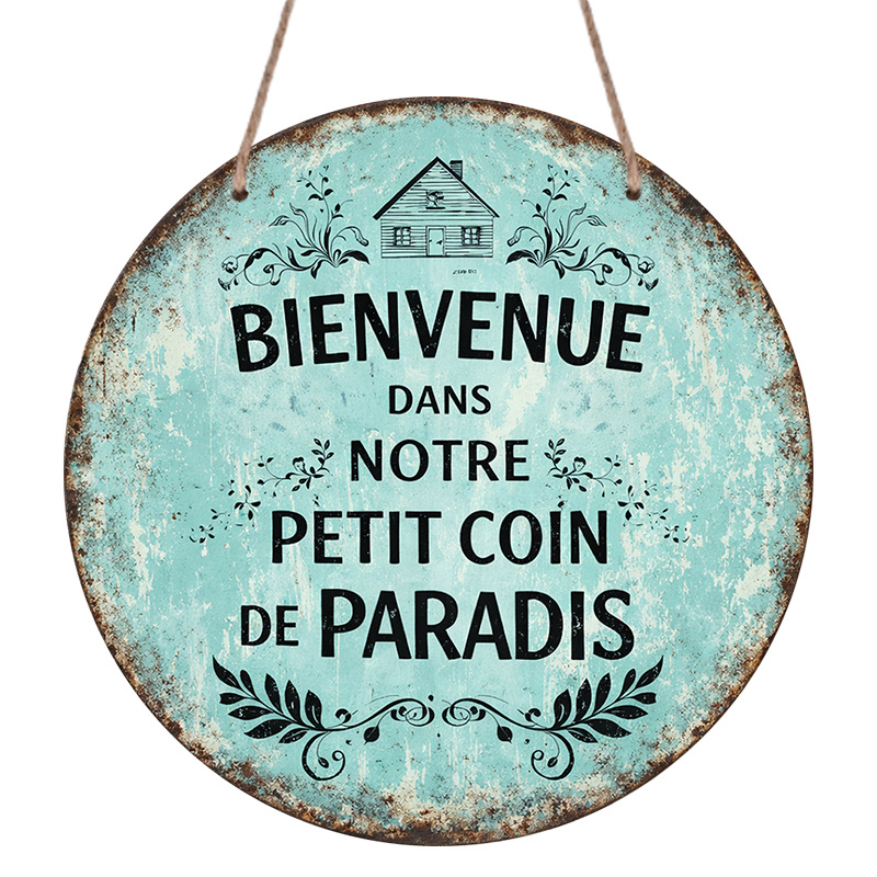 TEMU Panneau Métallique 2D Plat, 1pc Rond en Aluminium avec de Française, Turquoise Vintage Rustique ' Dans Notre Petit Coin de ', Plaque de Ferme,