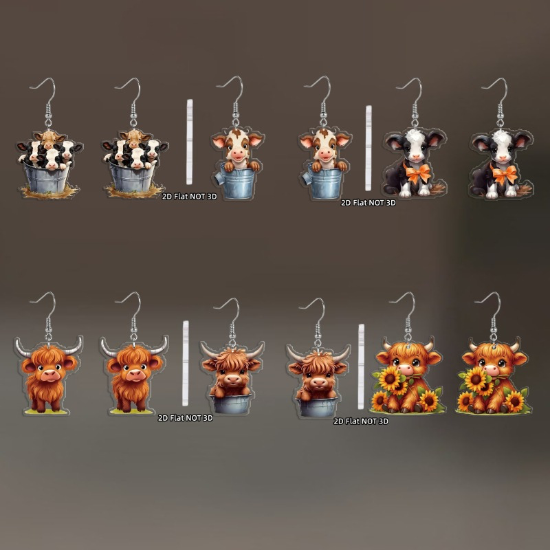 TEMU 2d 6 Pairs Of Flat Acrylic Cartoon Animal Earrings For Women, Cute Calf And Dangle Earrings, Perfect For , Quirky Earrings