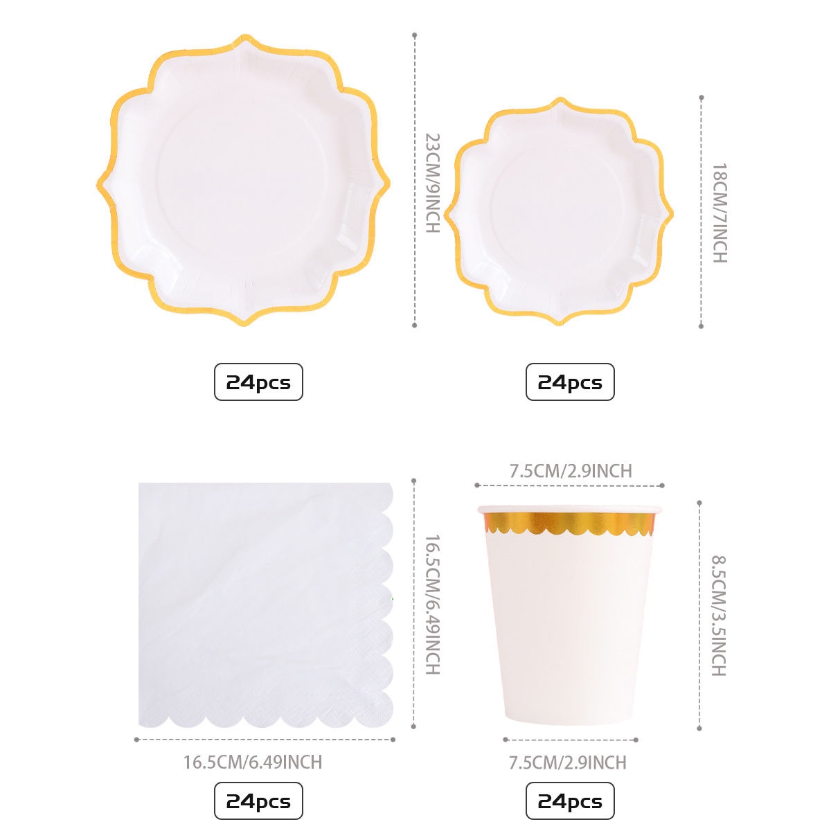 Image of 96pcs Four- Rim Disposable Party Tableware Set, Elegant White Paper Dinnerware Kit With Includes Paper Plates, Napkins & Paper Cups, Suitable For Birthdays, Weddings, Family Gatherings, Picnics
