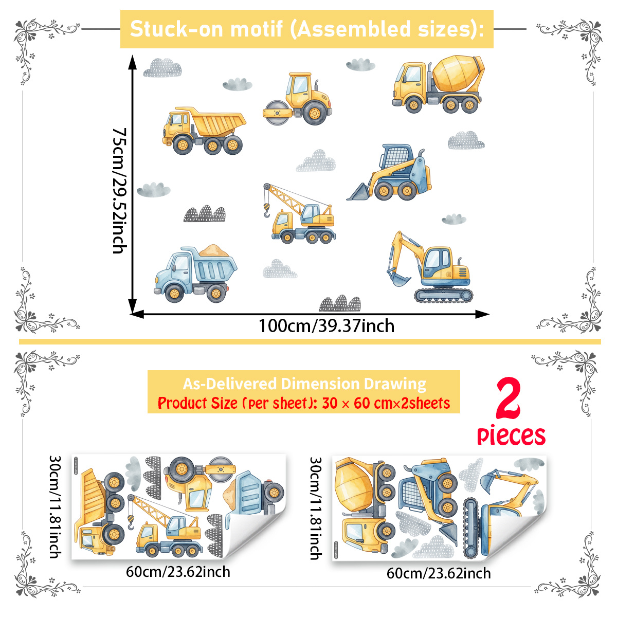TEMU Set van 2 aquarel bouwvoertuig muurstickers (30*60cm*2 stuks), verwijderbaar, geen muurschade, decoratie voor kinderkamers, speelkamers en