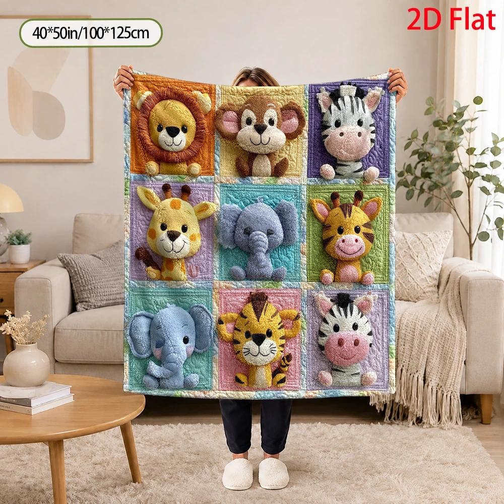 TEMU 2d Flat, 280gsm, Flannel Blanket With Embroidered Animal Pattern, Flannel Fleece Blanket With Whimsical Watercolor Zoo Illustration, Throw