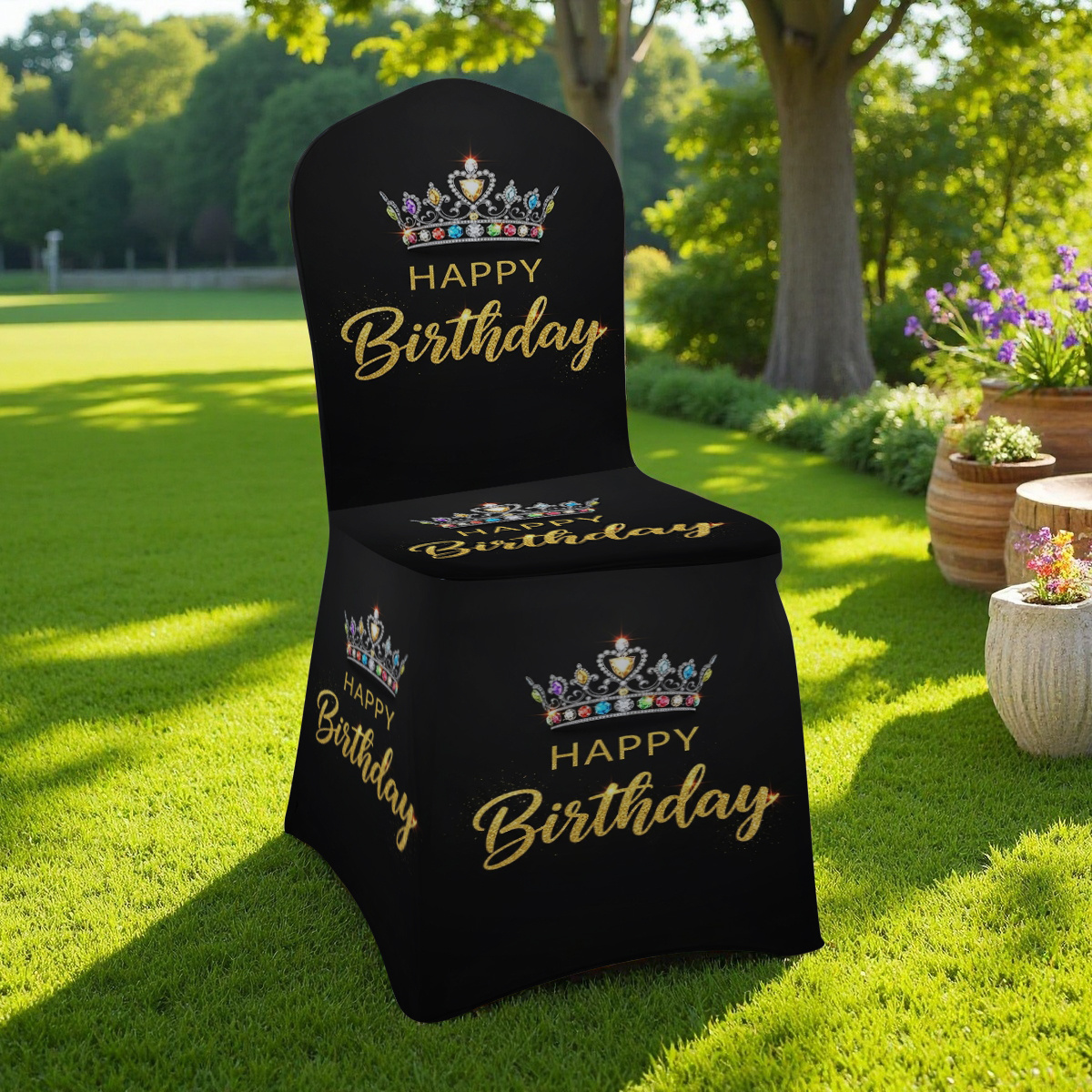 TEMU 2D Schwarz Goldene Krone "Happy Birthday" Gedruckter Elastischer Stuhlbezug, Waschbarer Wiederverwendbarer Rutschfester Stuhlschutz, Einfach zu
