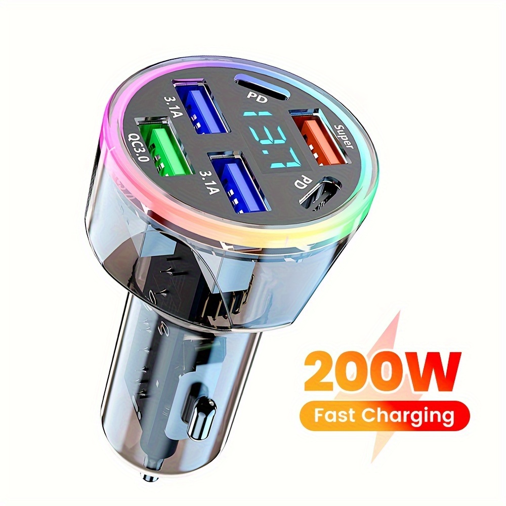 200w usb type c car charger with voltage display 6 port fast charging adapter with pd and qc3 0 compatible with iphone and   devices essential multi port usb charging accessory for car use