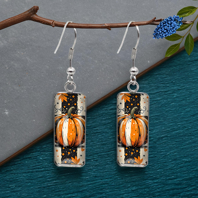 TEMU 1 Pair Autumn Pumpkin Rectangular Earring Fashion Dangle Earrings Handmade Glass Dome Jewelry