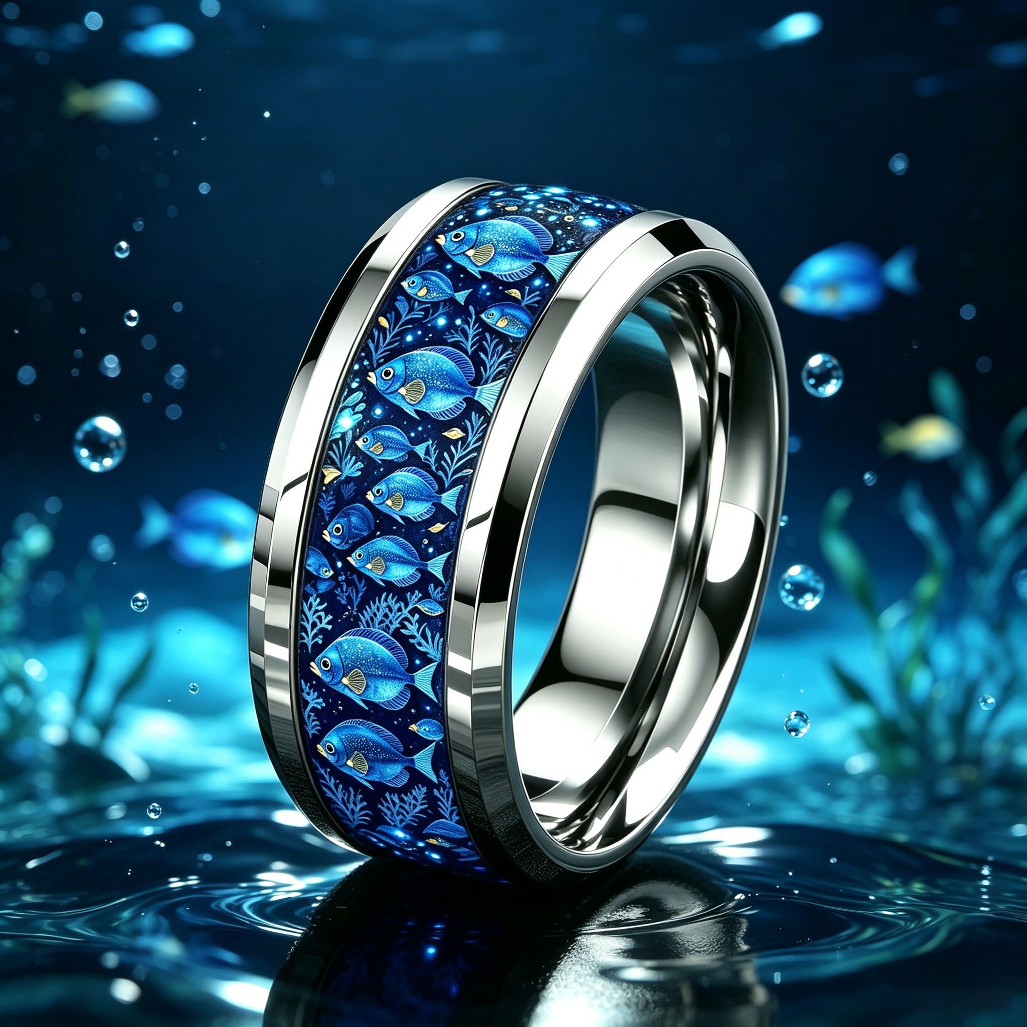 Deep Sea Blue Tropical Fish Algae 304L Stainless Steel Ring