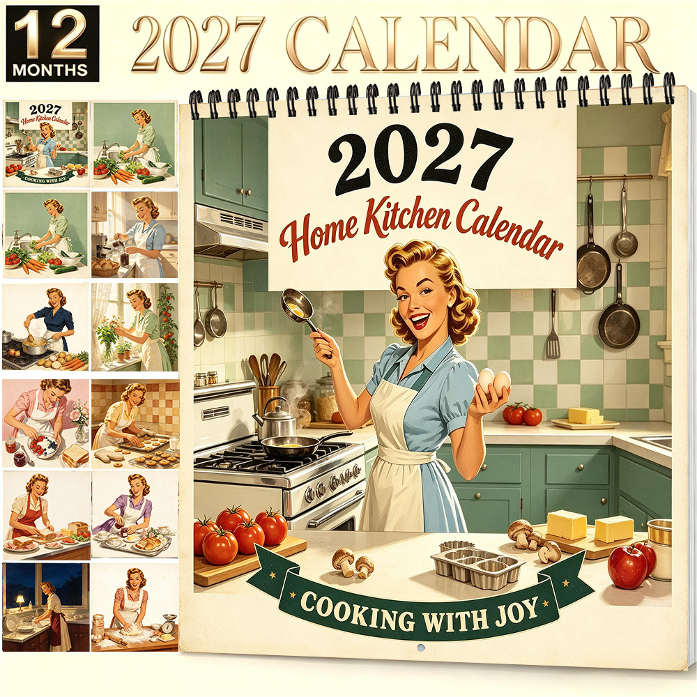 TEMU 2027, Calendario 2027 da Appendere , 8.3X8.3 Pollici, Stile Vintage , Calendario da Parete a Tema Cucina, Calendario Mensile, Regalo per Natale,