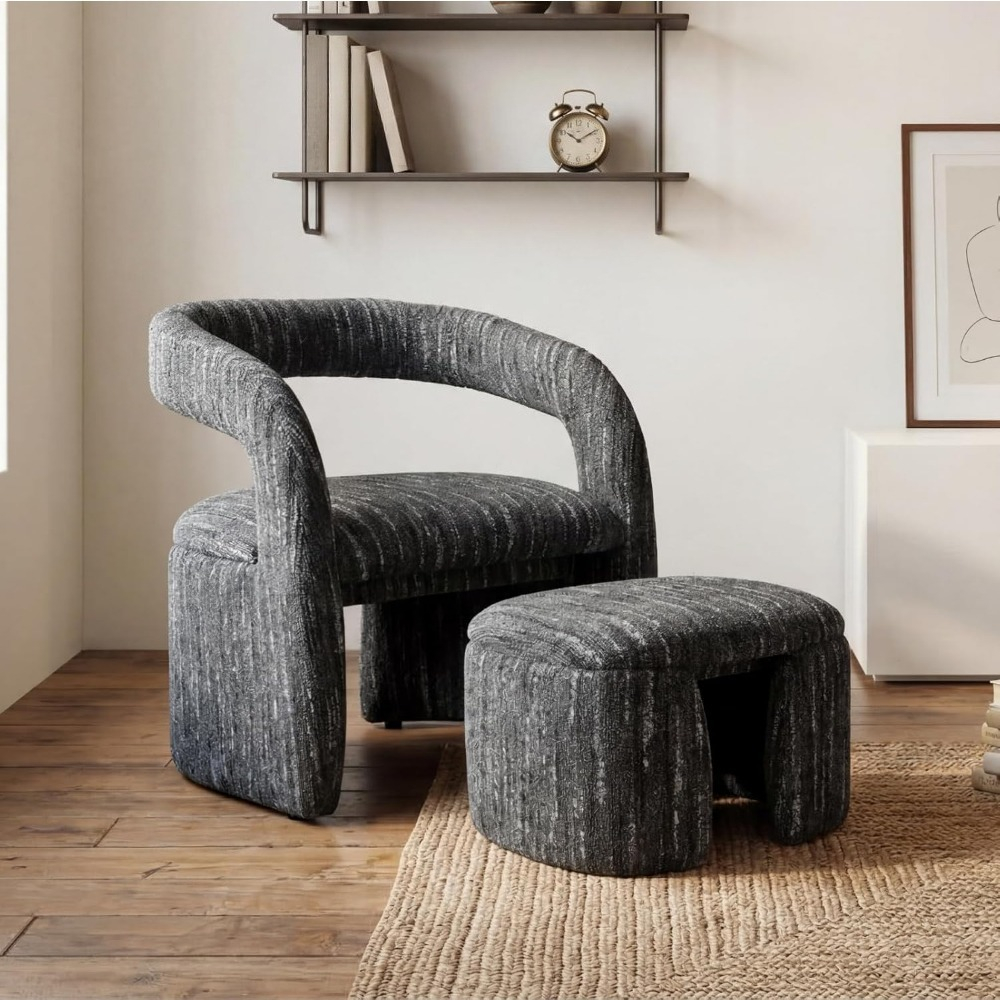 1pc Modern Accent Living Room Chair Set with One Ottoman, Upholstered Barrel Sherpa Lounge Side Chair, Comfy Side Reading Reclining Chair for Living Room, Bedroom, Apartment, Reading Room, Office