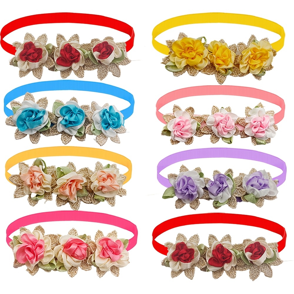 TEMU 8pcs Random Style Pet Flower Bow Ties, Candy Color Handmade Pet Bows, Fabric Floral Collars For Small Medium Dogs And Cats, Cute And Comfortable
