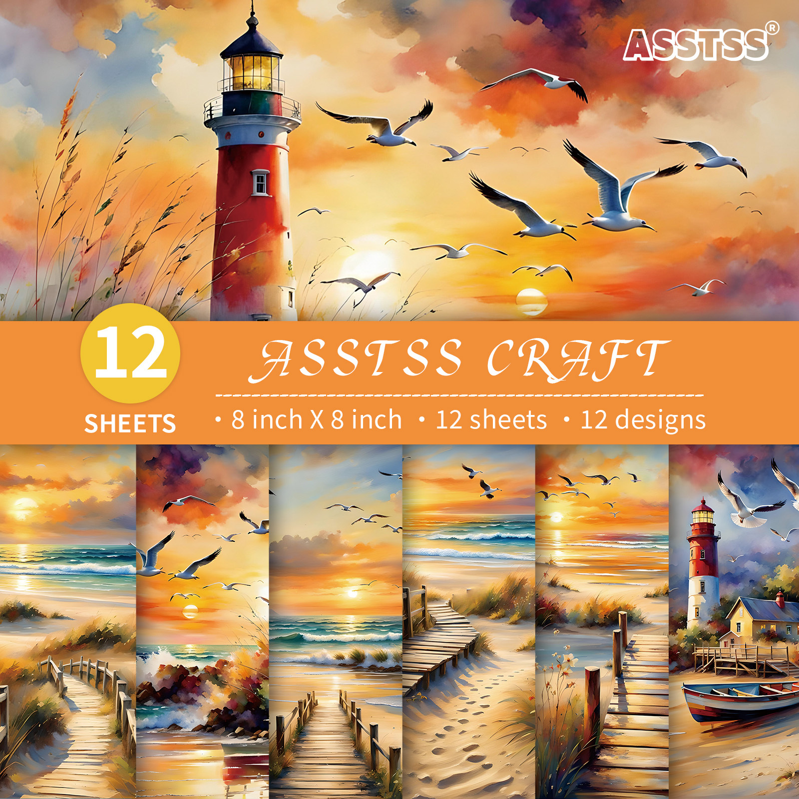 TEMU 12-sheet Asstss Heavyweight Scrapbooking Paper Pad - 8"x8" Watercolor Beach & Floral Cardstock Suitable For Journaling, Collage Art, Crafts,