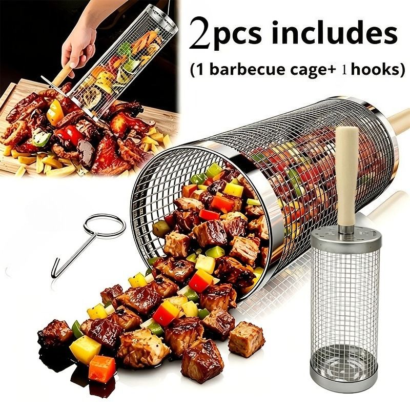 TEMU 2er-Set (1 Grillkorb + 1 Haken), Rollender BBQ-Grillkäfig aus Edelstahl mit Griff, Tragbarer Outdoor-Camping-Grillkorb für Gemüse und Fleisch,
