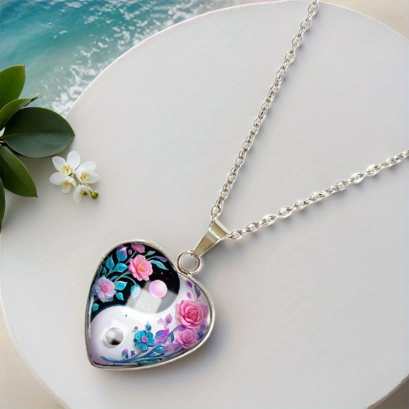Heart-Shaped Stainless Steel Pendant Necklace with Yin-Yang Rose Pattern