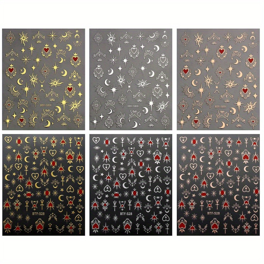 Image of 6 Sheets Nail Art Stickers - Self-adhesive, Glittery Golden & Red Decals For Stylish Nail Designs, Perfect For Celestial-themed , Nail Art Supplies | Moon And Star | Selfadhesive Decals