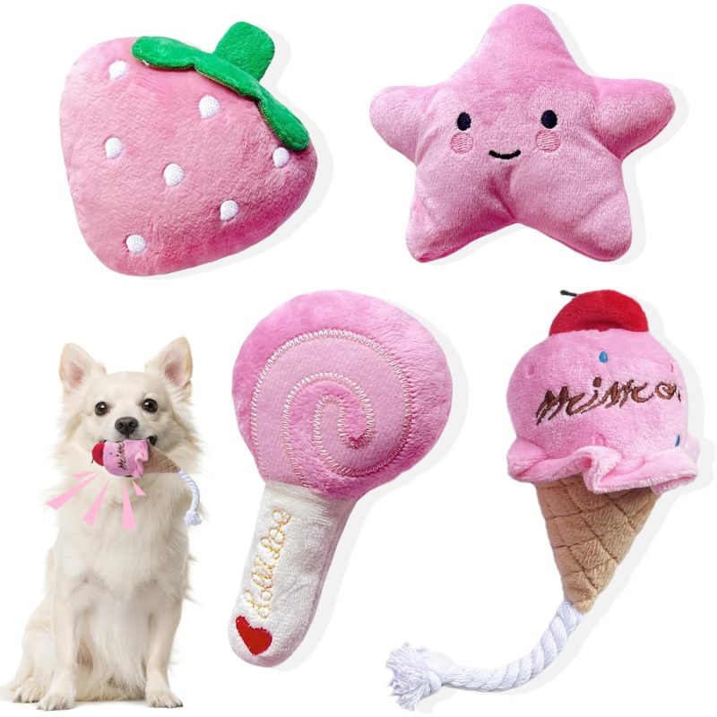 item picture 4 pack pink plush dog chew toys suitable for puppies and small dogs   filled durable chewable stuffed toys   chewers gift pack for teething for play and   without battery