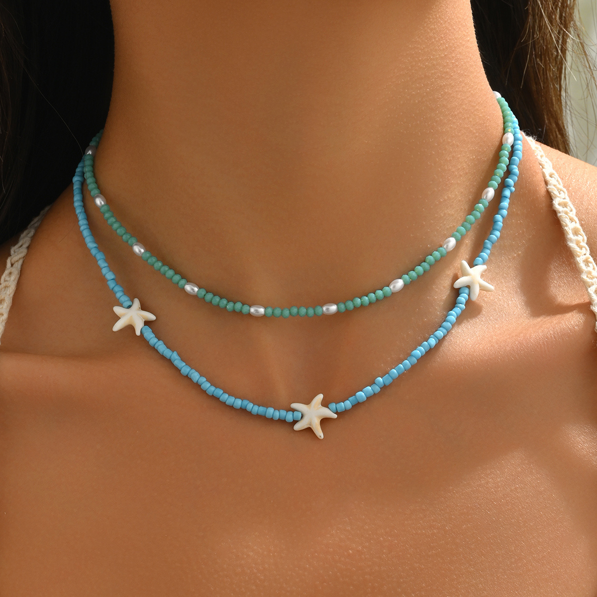 Image of 2 Women's Casual Beach-style Synthetic Turquoise Starfish Artificial Crystal Bead Layered Choker Necklace Suitable For Summer Daily Wear And Vacation Surfing Outfits