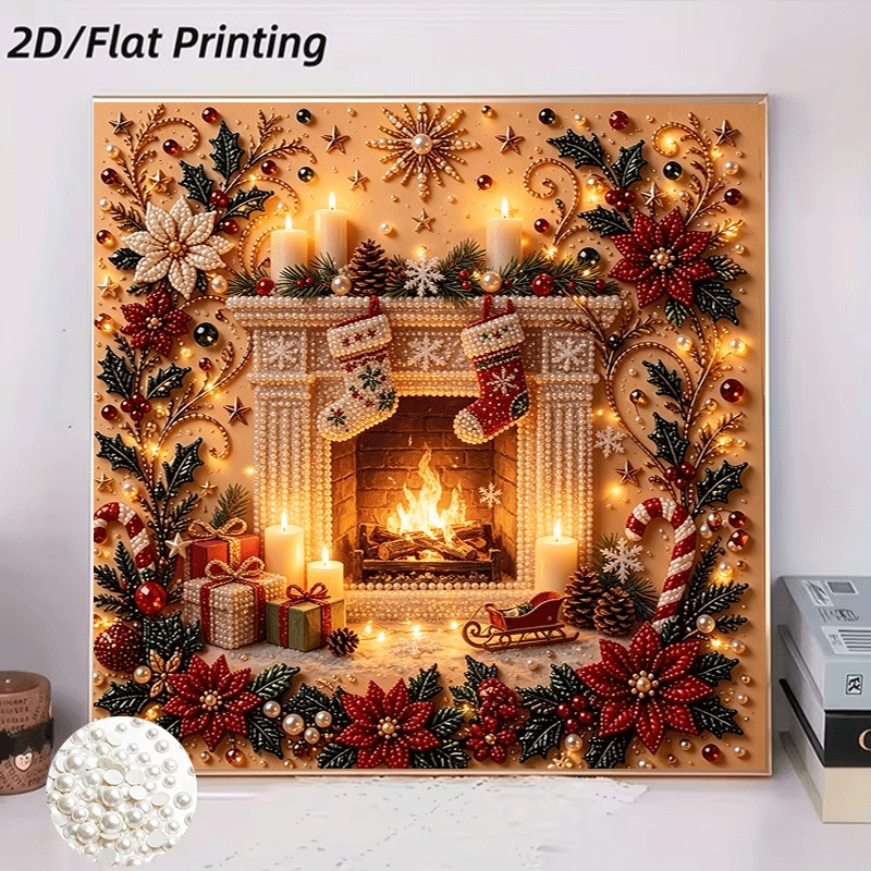 TEMU 2d Flat, 2d Flat, 2d Flat Printing Painting Kit, Christmas Warm Fireplace Pattern, Frameless Handmade , Suitable For Bedroom Decoration, Living