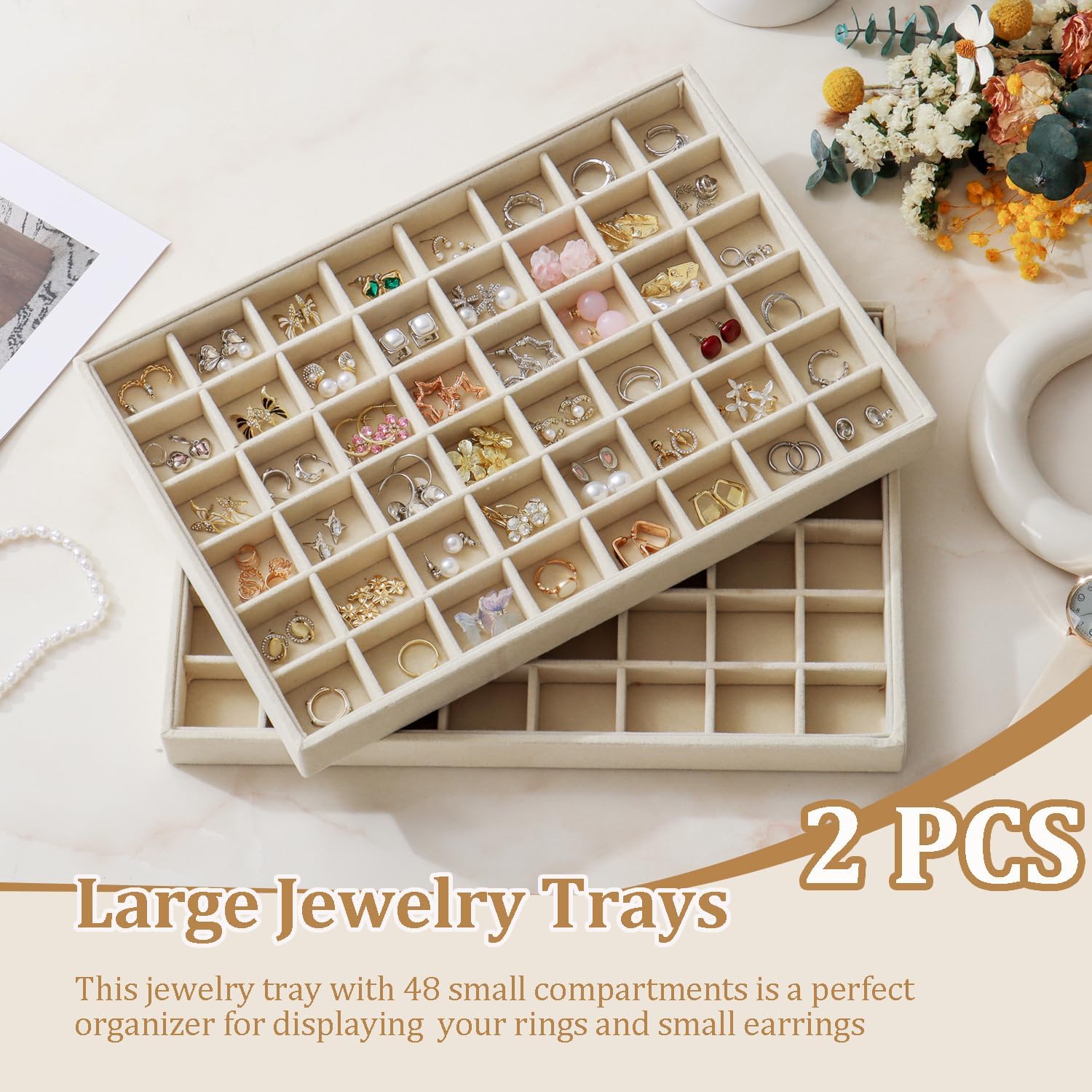 2pcs Large Velvet Jewelry Tray, Stackable Organizer