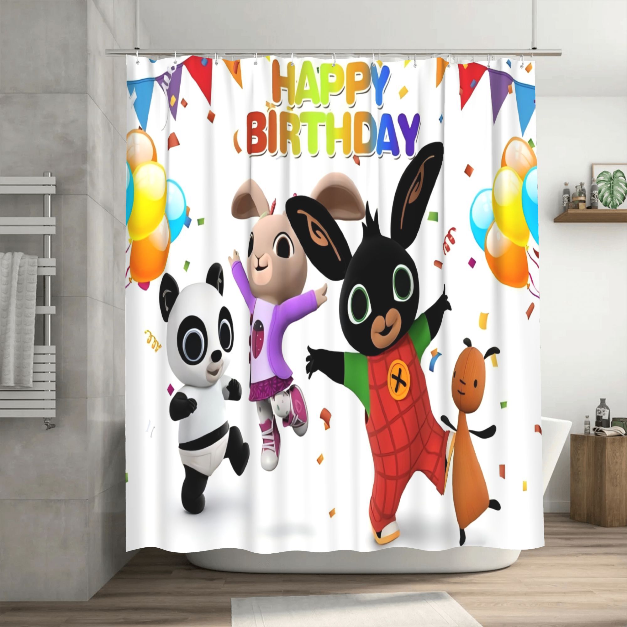 Birthday Shower Curtain - Cartoon Rabbit, Panda & Pumpkin Design with Happy Birthday Text, Colorful Balloons & Confetti, Machine Washable Polyester, Grommet Top for Easy Hanging, Birthday Party Decor |   Design | Durable Fabric, Birthday Party Decorations