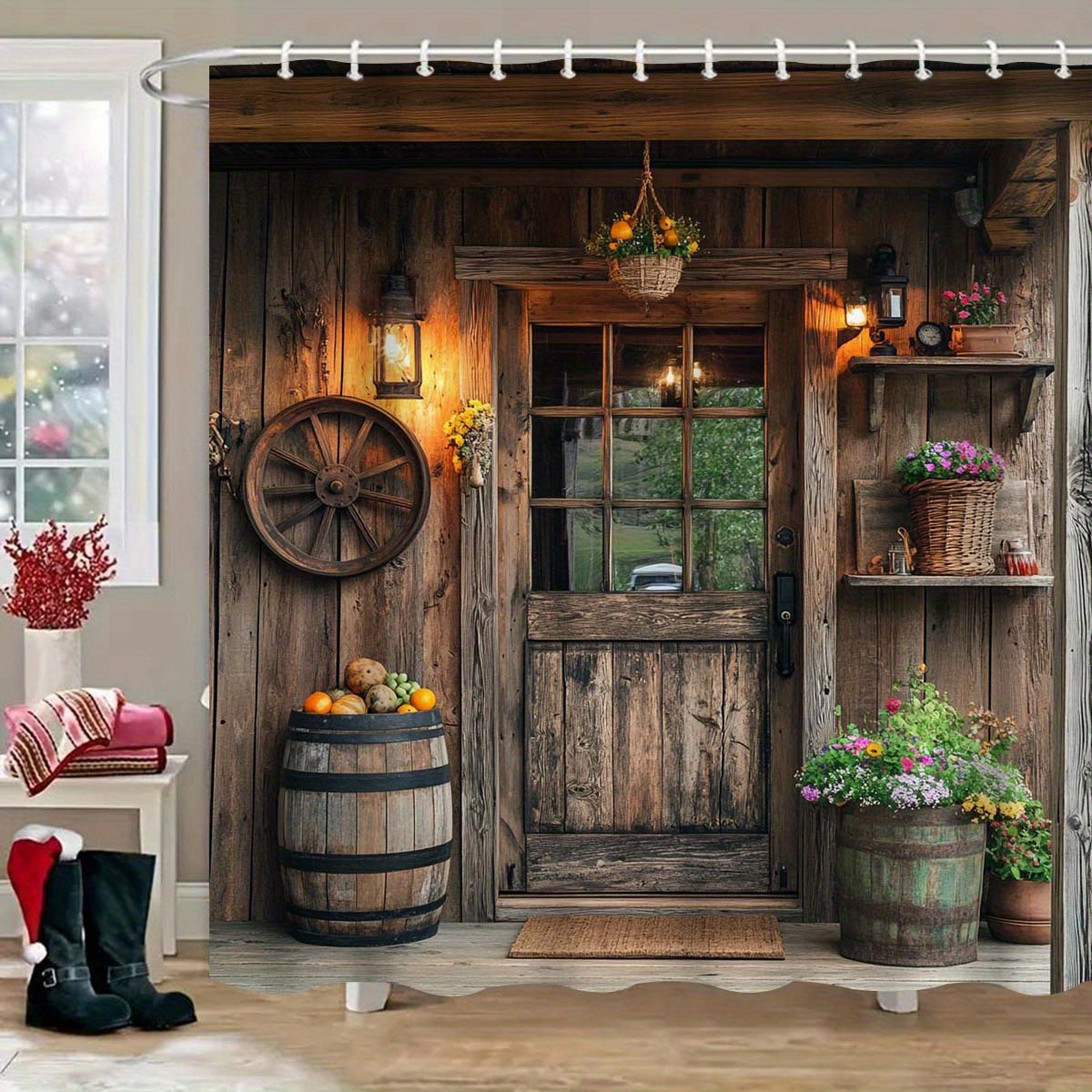 

Vintage Wooden Door Shower Curtain - Waterproof, Machine Washable With 12 Hooks Included - All & Christmas Decor, Shower Curtain Modern