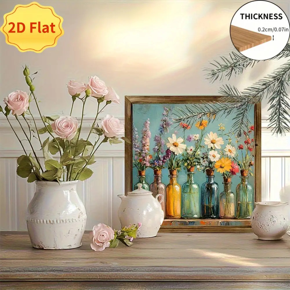 2D Flat, A 2D Flat-printed Wooden 1pc Rustic Wooden Floral Art Sign - Wall Hanging Decoration Featuring Vibrant Spring Flowers and Green Leaves, No Electricity Required, Ideal for Outdoor Decor, Rustic Themes, and New Year Gifts, Outdoor Wall Decor |