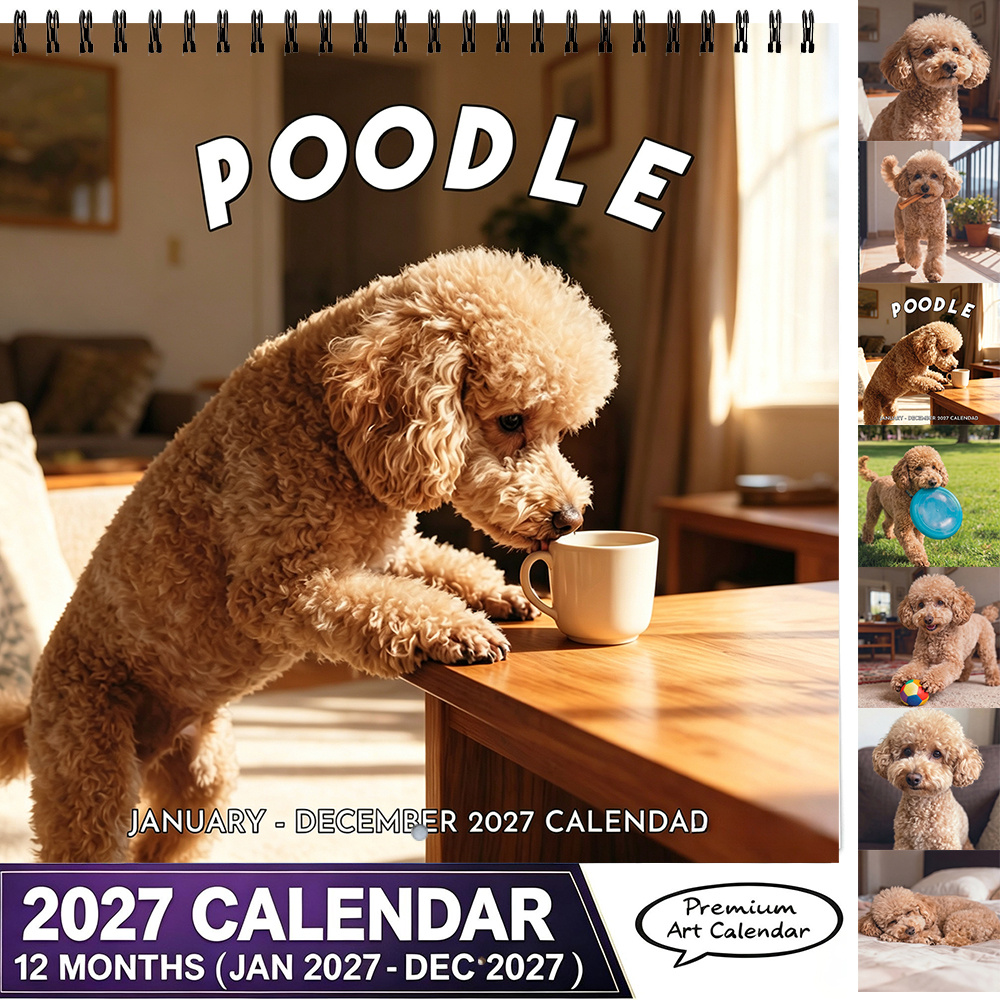 TEMU 1pc, 8.3x8.3 Inch 2027 Poodle Wall Calendar 12 Months Cute Dog Wall Hanging Calendar For Home Office School Decoration Ideal Gift For Christmas