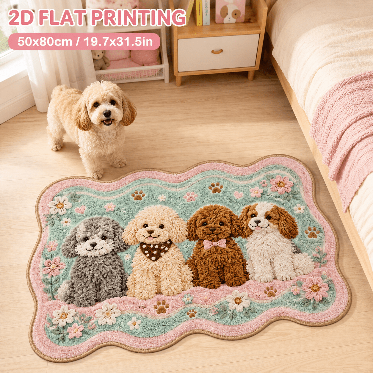 TEMU 2d Flat, 1pc 2d Flat 850g/m2 Bathroom Non-slip Mat, Cute 4 Puppies Floral Paw Print Shaped Velvet Rug, Soft Floor Mat With Dot Plastic Anti-slip