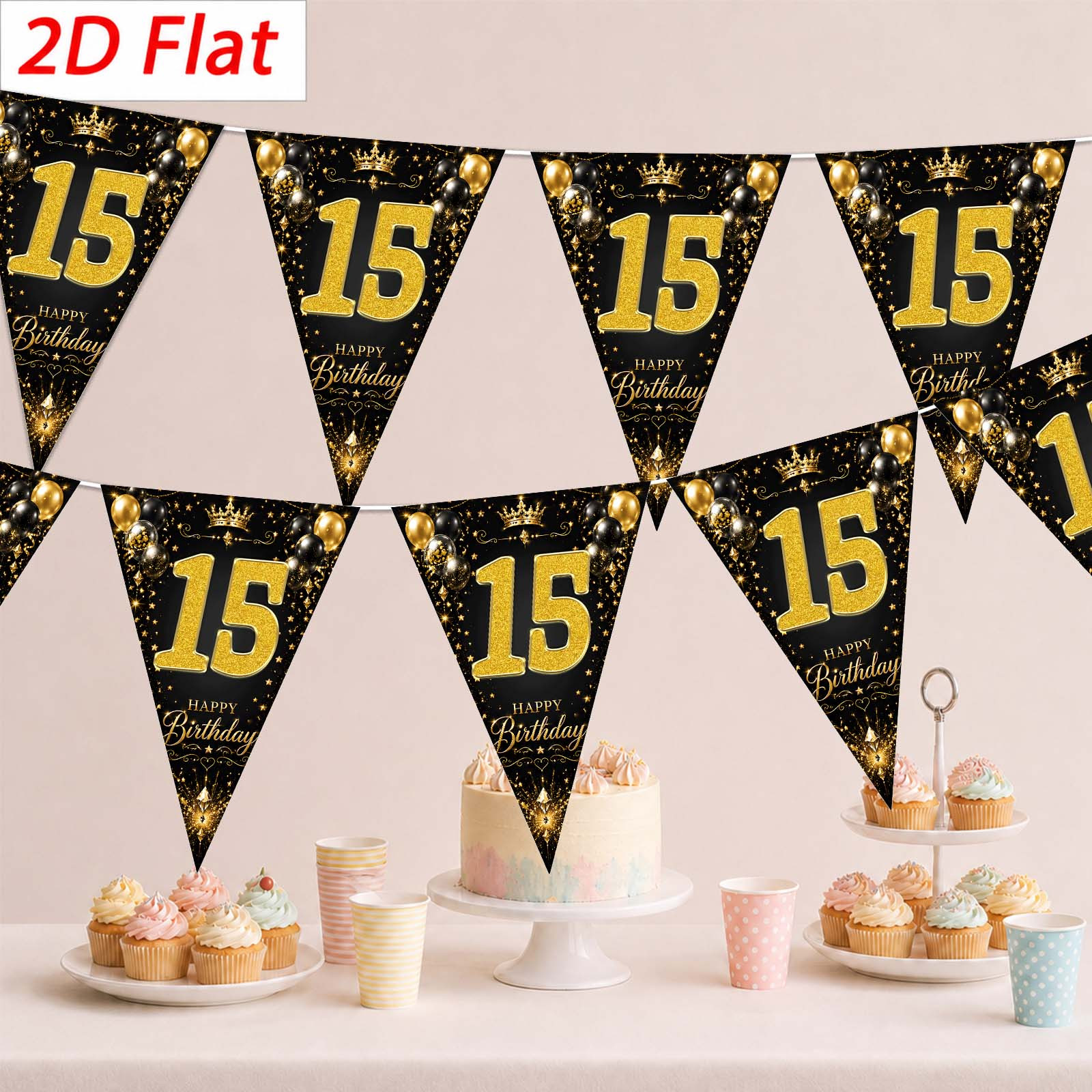 TEMU 2D Plat, 2D Plat - 2D Plat, 2D Plat - 2D Plat Banner [Feestbanner, Vlagbanner] 10 stuks, Polyester Materiaal, 15e Verjaardag Driehoekige Vlag