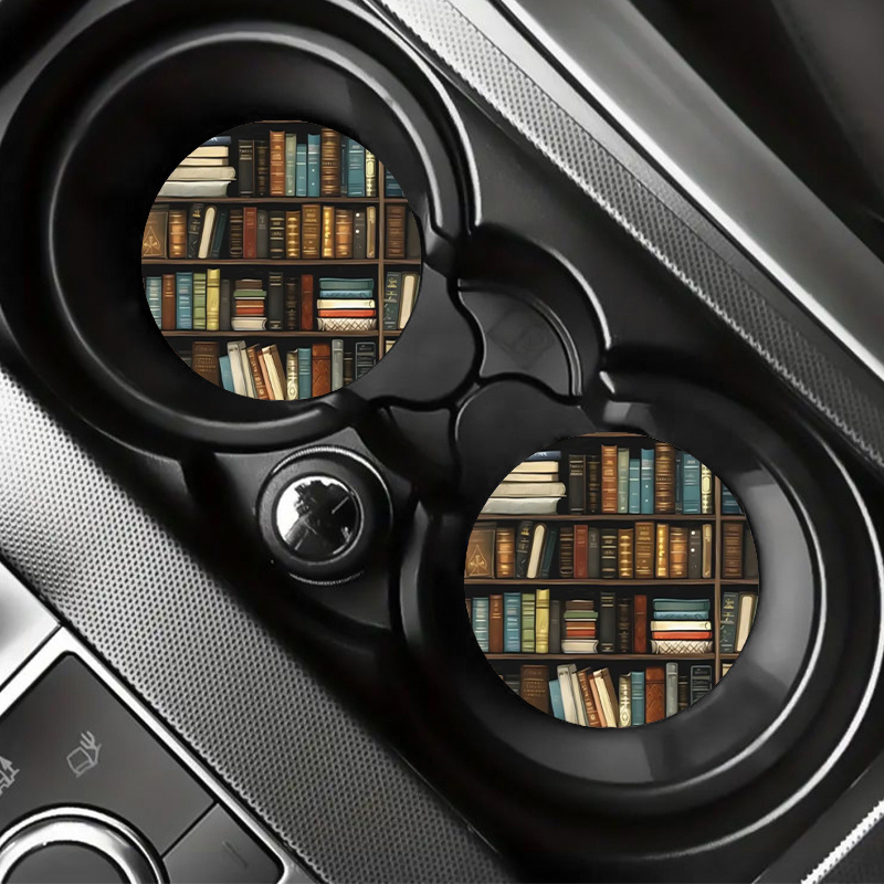 TEMU 2pcs Set Of Library Book Pattern Acrylic Car Coasters, Non-slip, Waterproof, Durable, Suitable For Car, Office, And Home Desk Cup Mats