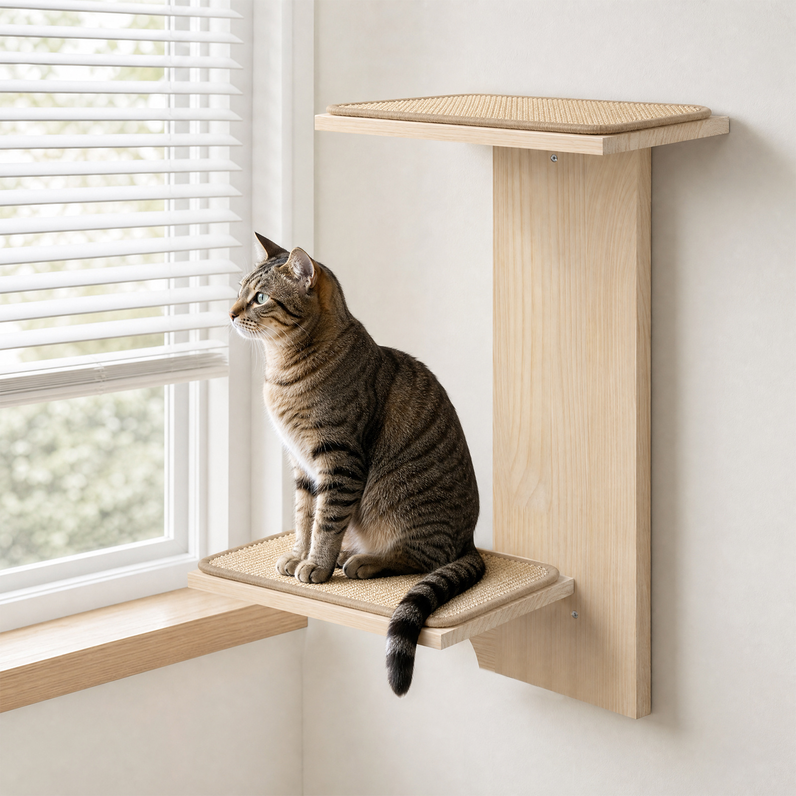 Image of Wall-mounted Cat Tree, 60 X 25 X 71cm, Featuring A Two-tier Platform And Sisal Scratching Posts. The Wall-mounted Design Floor Space, Making It Ideal For Small Apartments Or Multi-cat Households.