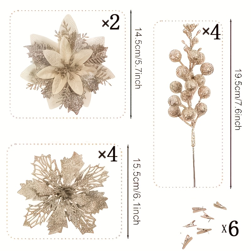 TEMU 16pcs Champagne Artificial & Stems With Sparkling Suitable For Christmas Tree Decorations, Wedding, Holiday Centerpieces - Realistic Plastic
