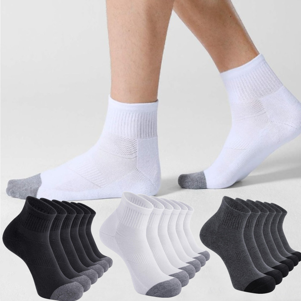 

6pcs Men's Cotton Ankle Socks, 100% Cotton, Solid Color, Knit Fabric, Low Cut Athletic With Cushioned Heel