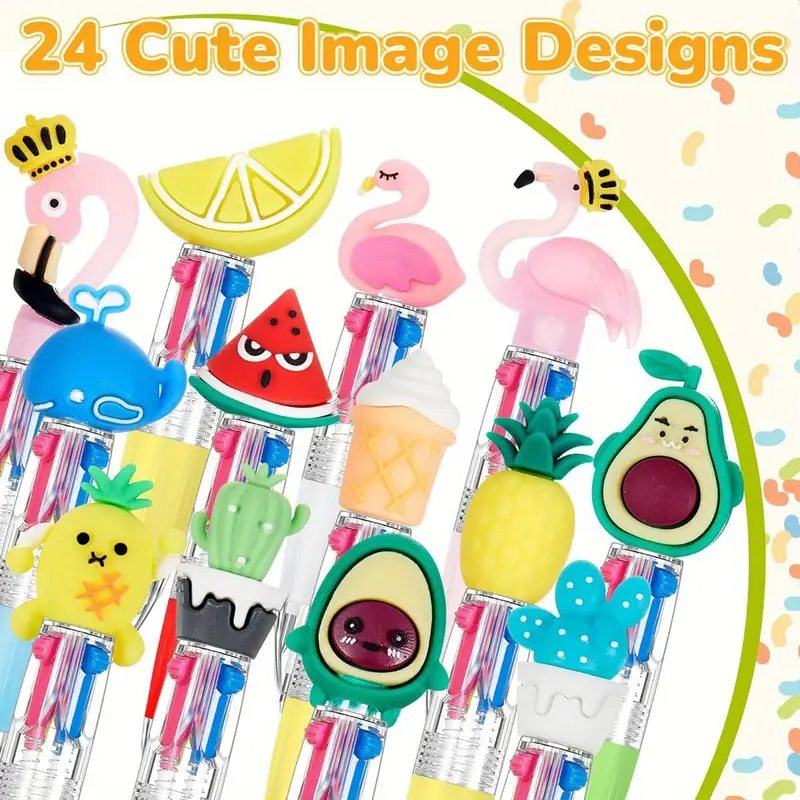 24pcs summer multicolor retractable ballpoint pens cute fruit flamingo cactus cartoon designs metal medium point ideal for birthdays hawaiian summer parties party favor pens design metal construction cute pens Product details 5