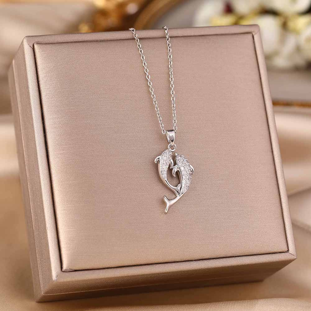 Sparkling Dolphin Necklace For Women Stainless Steel Minimalist Layering Chain Birthday Gift Jewelry