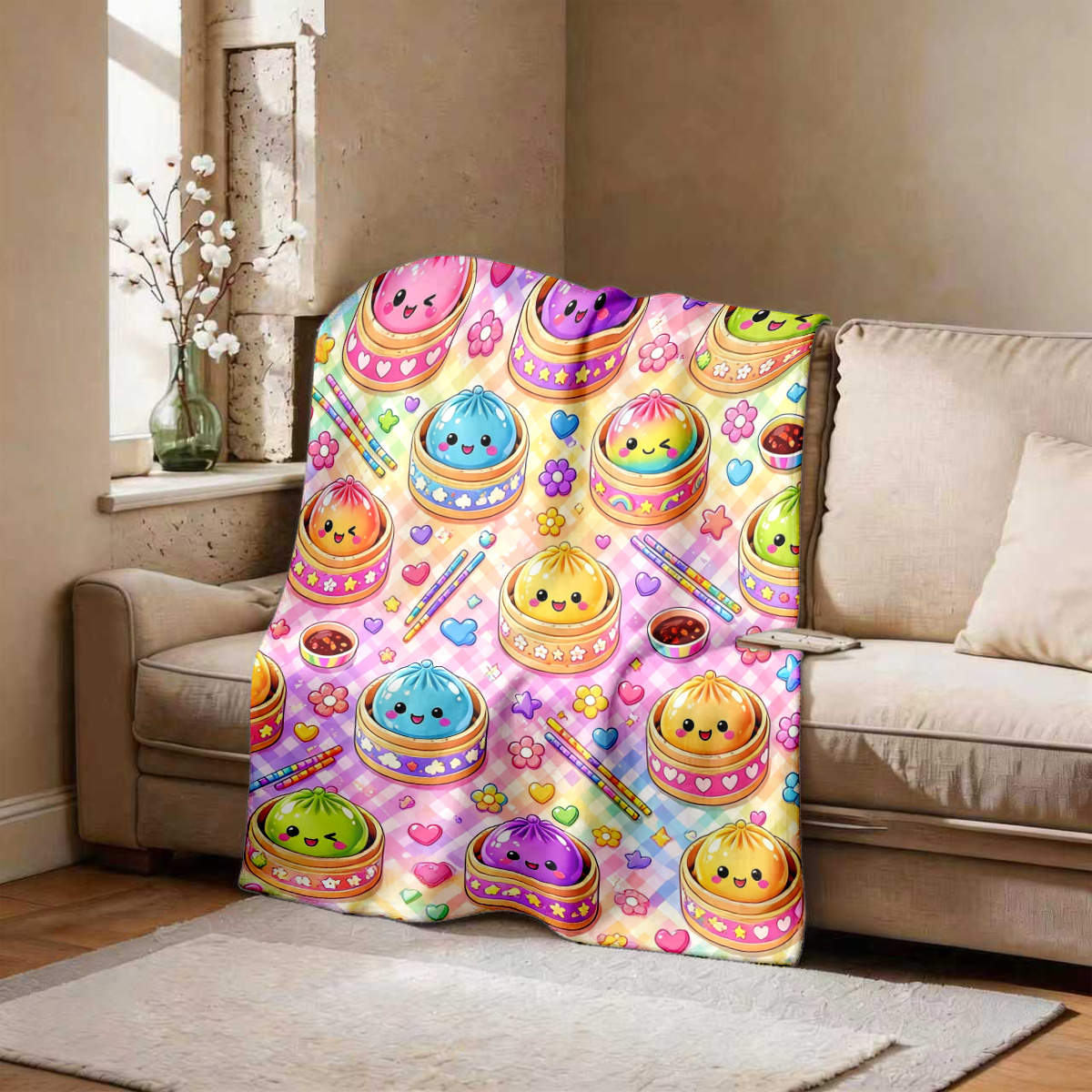 Macaron Checkered Cartoon Flannel Blanket