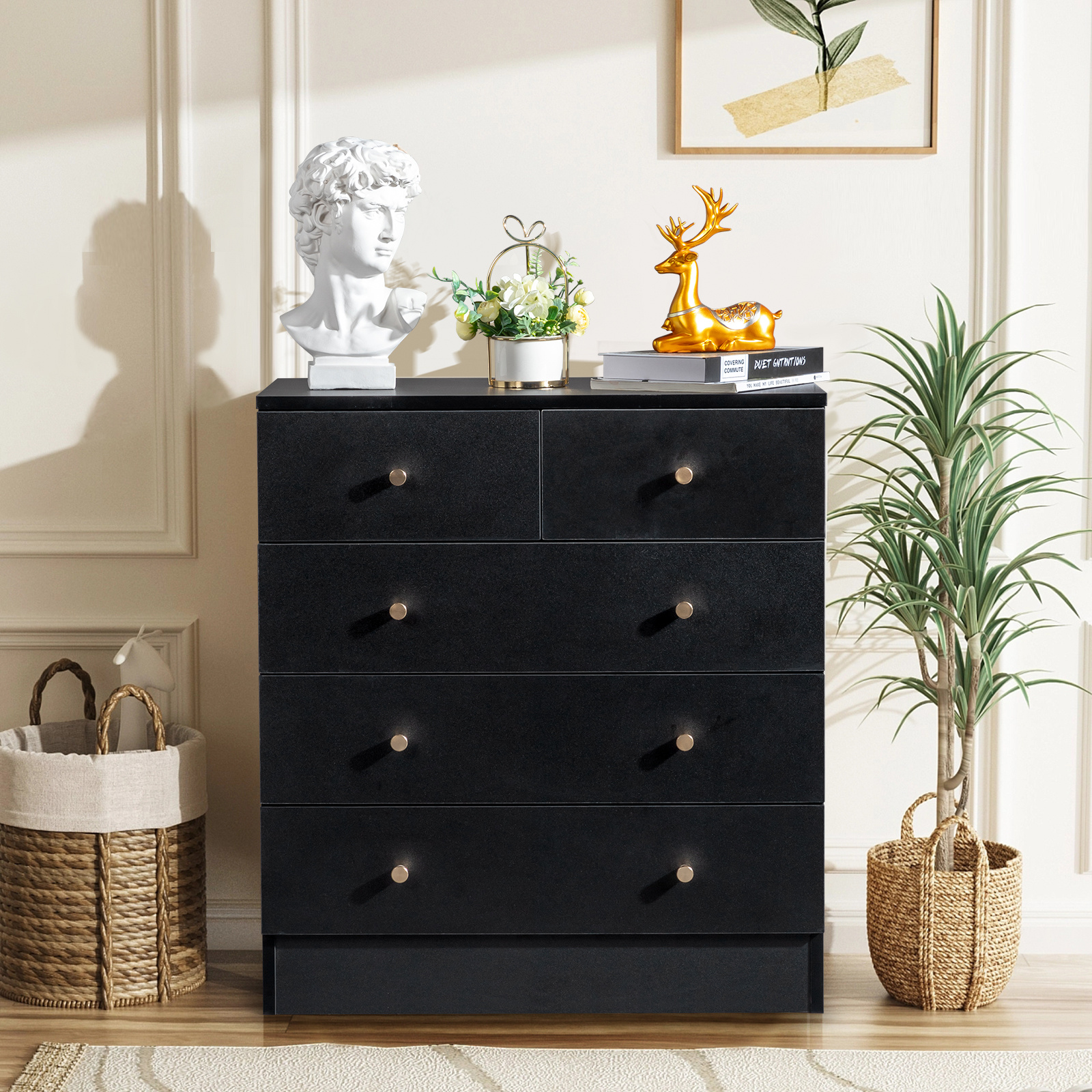 Image of Modern Dresser With Matte Golden Handles, 4/ 5-drawer Wood Chest For Bedroom, Mid-century & Farmhouse Home Office Decor (black/ White)