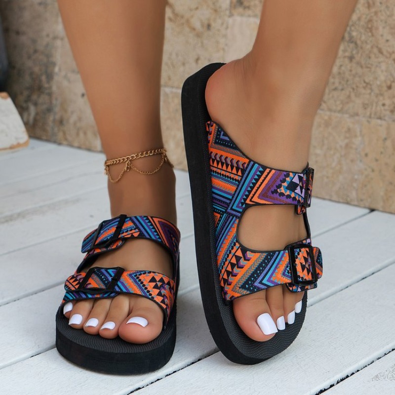 Women's Ethnic Style Double-button Sandals With Thick Soles, Prints, Bohemian Style Beach Outerwear Sandals. In Multiple Colors., Women Shoes