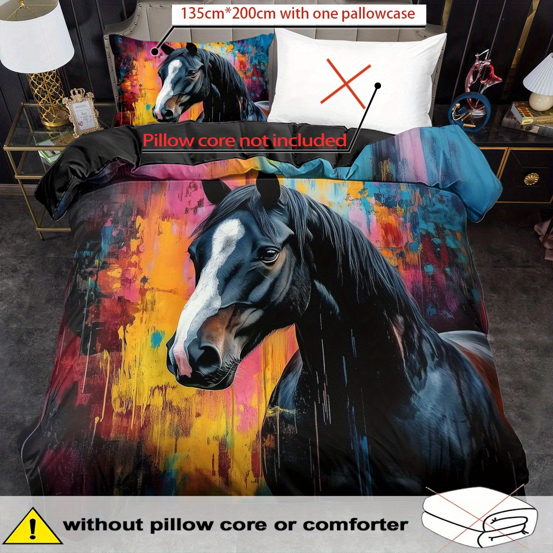 E-shop 2/3-teiliges Bettbezug-Set, Tier-Dunkelpferd-Druck Bettdeckenbezug-Set, King-Queen-Stil Bettwäsche-Set, Polyester maschinenwaschbar, Bettdeko,