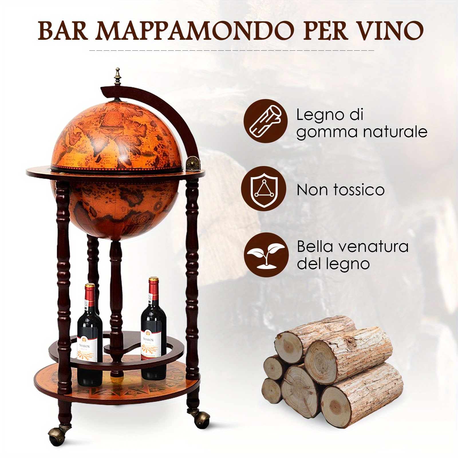 LIFEZEAL Italian Globe Wine Bar Stand with Hidden Storage & Wheels