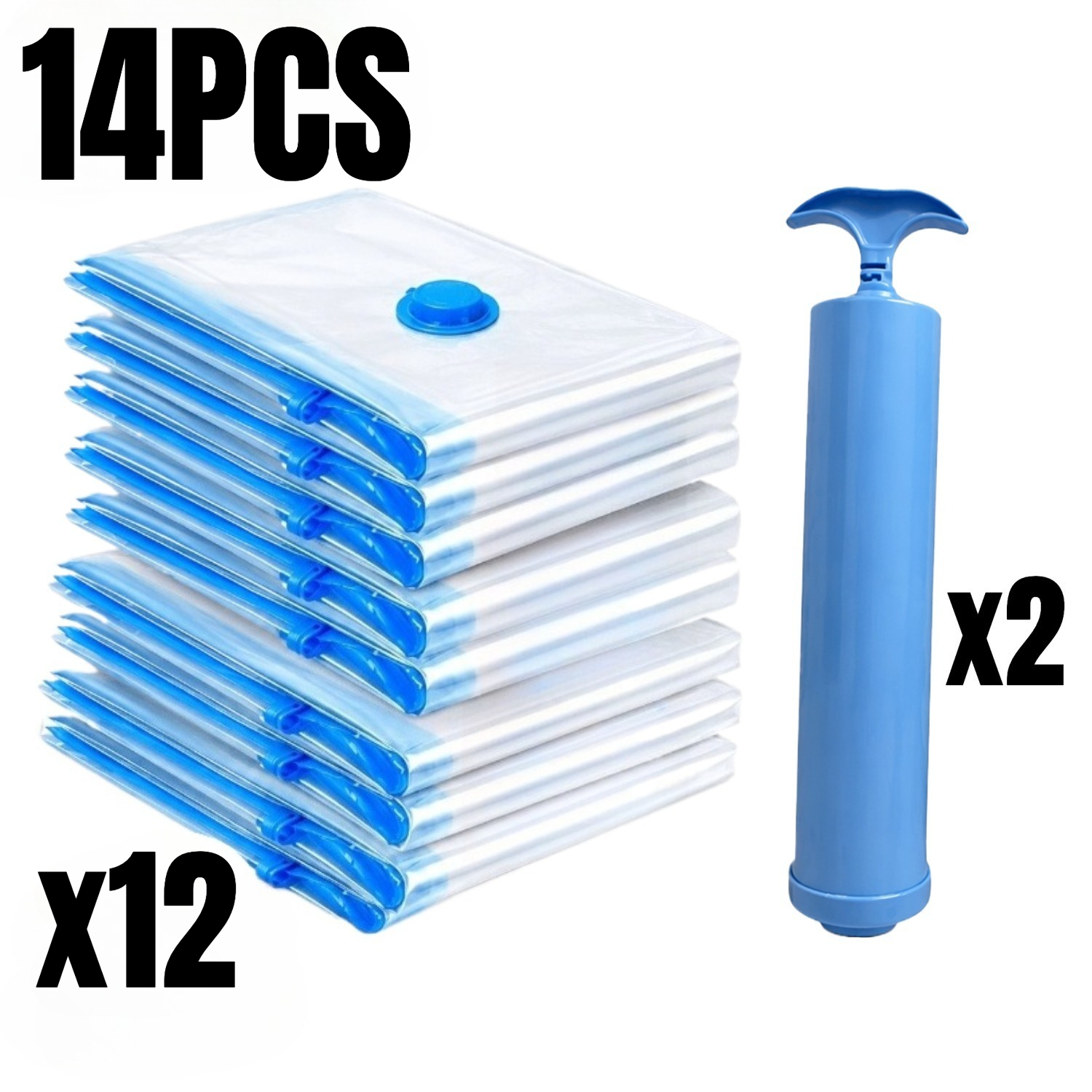 Image of 14pcs Travel Suitcase Vacuum Bag, Household Bedding Storage Bag, Equipped With 2 Hand Pumps, Heavy-duty Transparent Large Capacity Stackable Design, Closet And