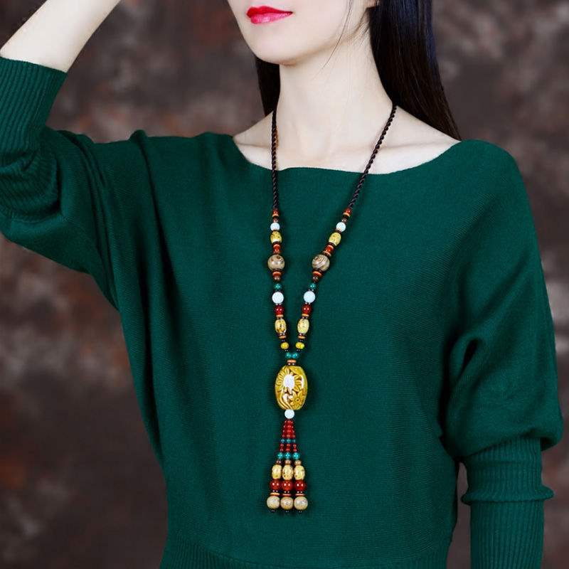 Ethnic Style Long Sweater Chain Necklace with Ceramic Tassel