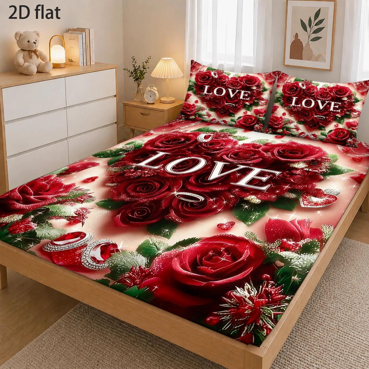 TEMU 3pcs Mattress Protector Set, 1pc Fitted Sheet And 2pcs Pillowcases (filling Not Included) 2d Flat Printing, Red Theme, Romantic Illustration