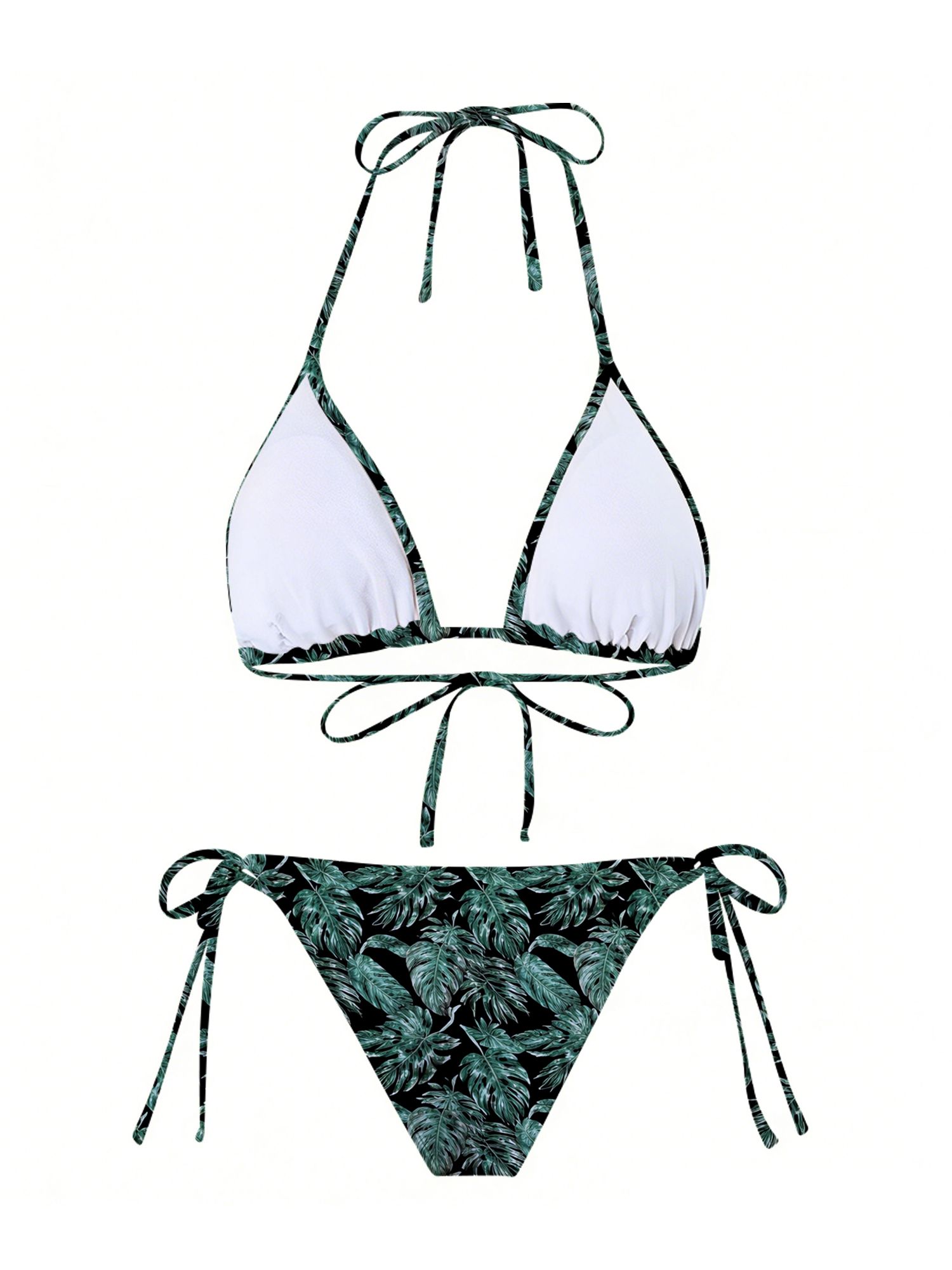 Tropical Leaf Pattern with Dark Green And Black Background Featuring Palm Leaves And Foliage Design on Swimwear Set Female Exquisite Printed Pattern Bikini Exquisite Bikini And Skirt Set