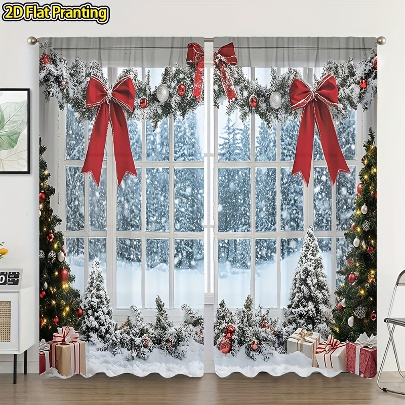 TEMU Ensemble de 2 rideaux transparents d'hiver pour décorations de Noël plats 2D, à poche pour tringle, rideaux rouges avec nœud et sapin, décor de
