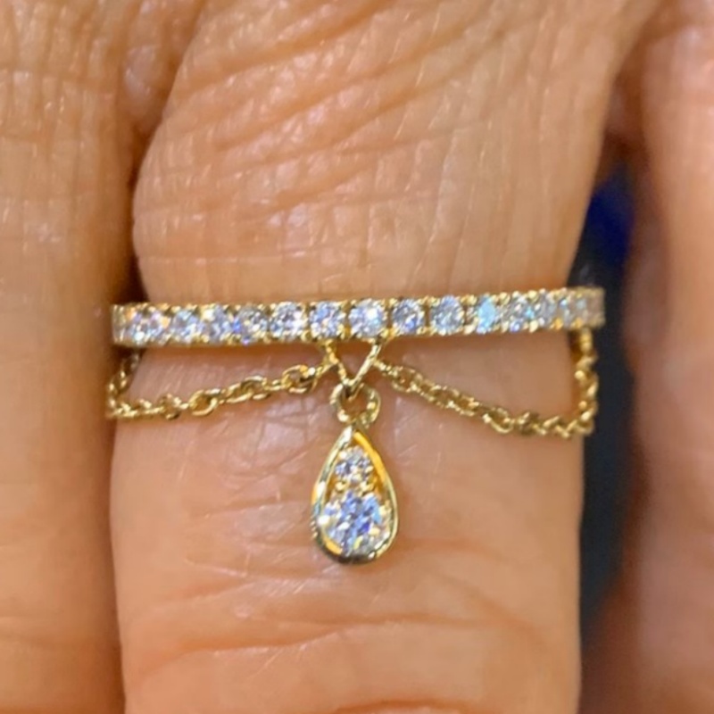 Women's Plated Bling Ring with Water Droplet Chain Pendant
