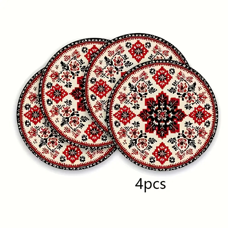 TEMU Set Of 4 Red And Black Round Wooden Coasters - Floral Patterned Desktop , Featuring A Non-slip, Heat-resistant Design Suitable For Kitchen And
