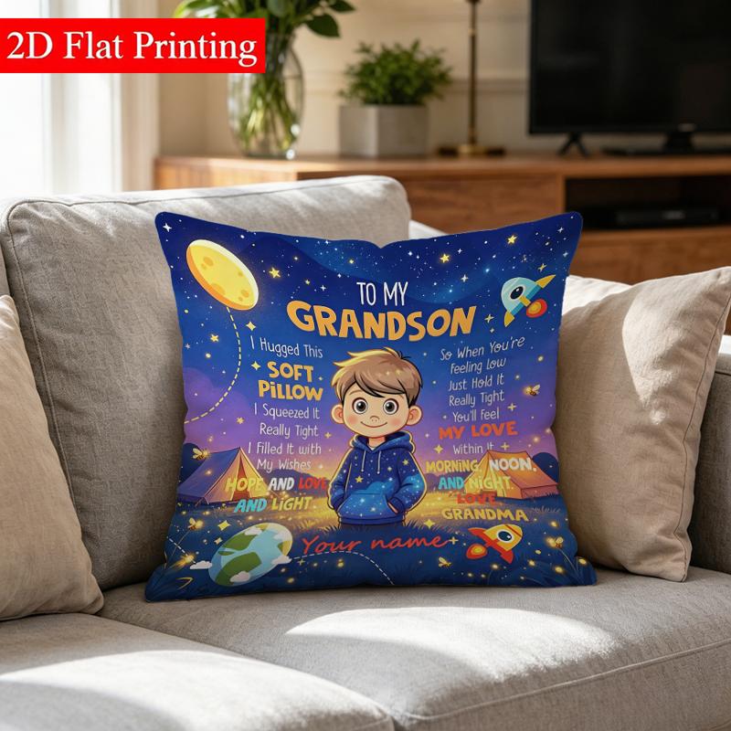 TEMU Space - Themed Pillowcase, 18*18inch Double - Sided Printed, With "to My Grandson" & Cartoon Design, Warm Words From Grandma, Light Gray Sofa,