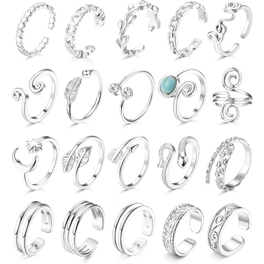 Set Of 20 Adjustable Toe Rings For Women Featuring Open Designs African , Perfect For Summer Beach Wear, Including Snake, Arrow, Leaf, Heart, And Cz Tail Styles For Pinky Fingers