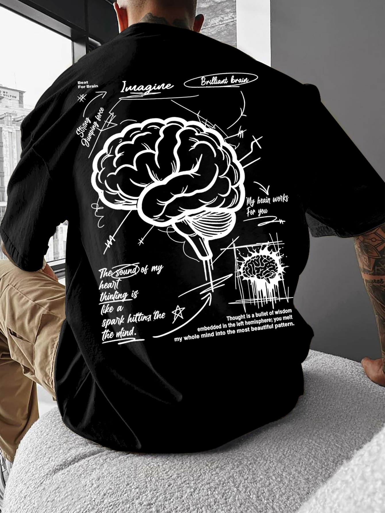 American Style Men'S Casual Round Neck T-Shirt with Thought-Provoking Slogan And Brain Print for Casual Gatherings And Trendy Outfits