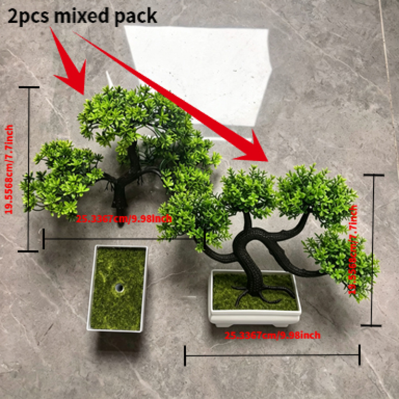 2 Large Fortune Mixed Spring And Summer Large Simulation Pine With Dragon Beard Tree Bonsai, Universal For , Maintenance-free Potted Plant - With White Flower Pot, Suitable For Desktop Decoration