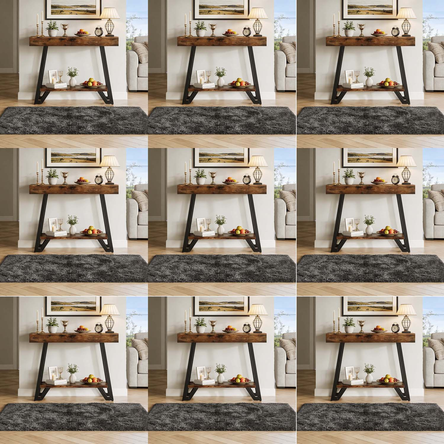 Image of 41-inch 2-tier Console Table With Geometric Metal Frame, Rustic Brown Industrial Entryway Table With Open Storage Shelves, Versatile Accent Sofa Table For Hallway, Living Room & Foyer, Home Essential
